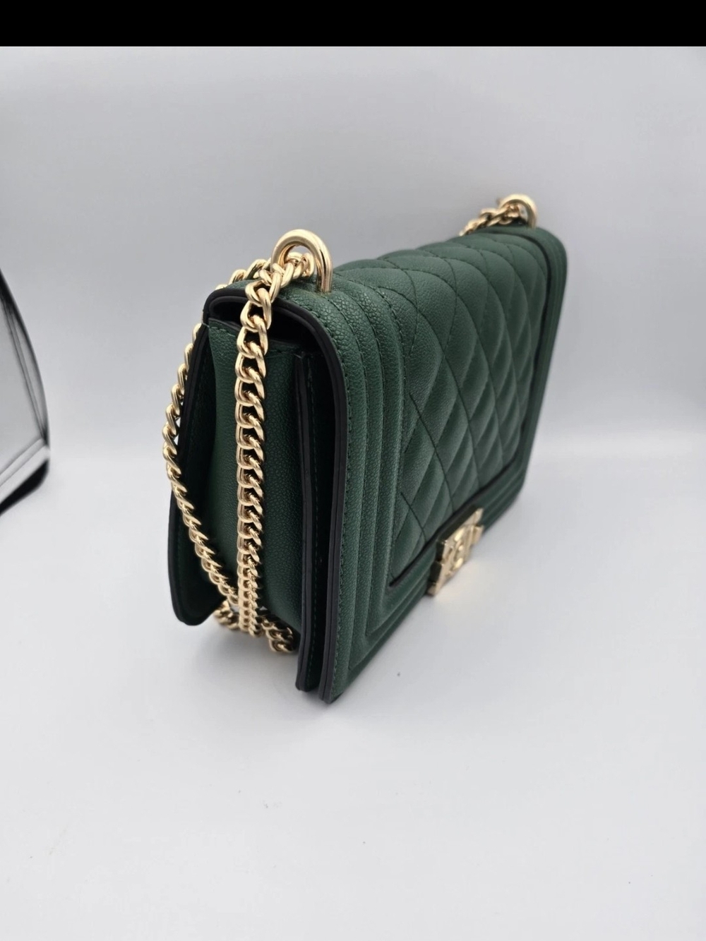 Quilted Dark Green Shoulder Bag with Gold Chain Strap